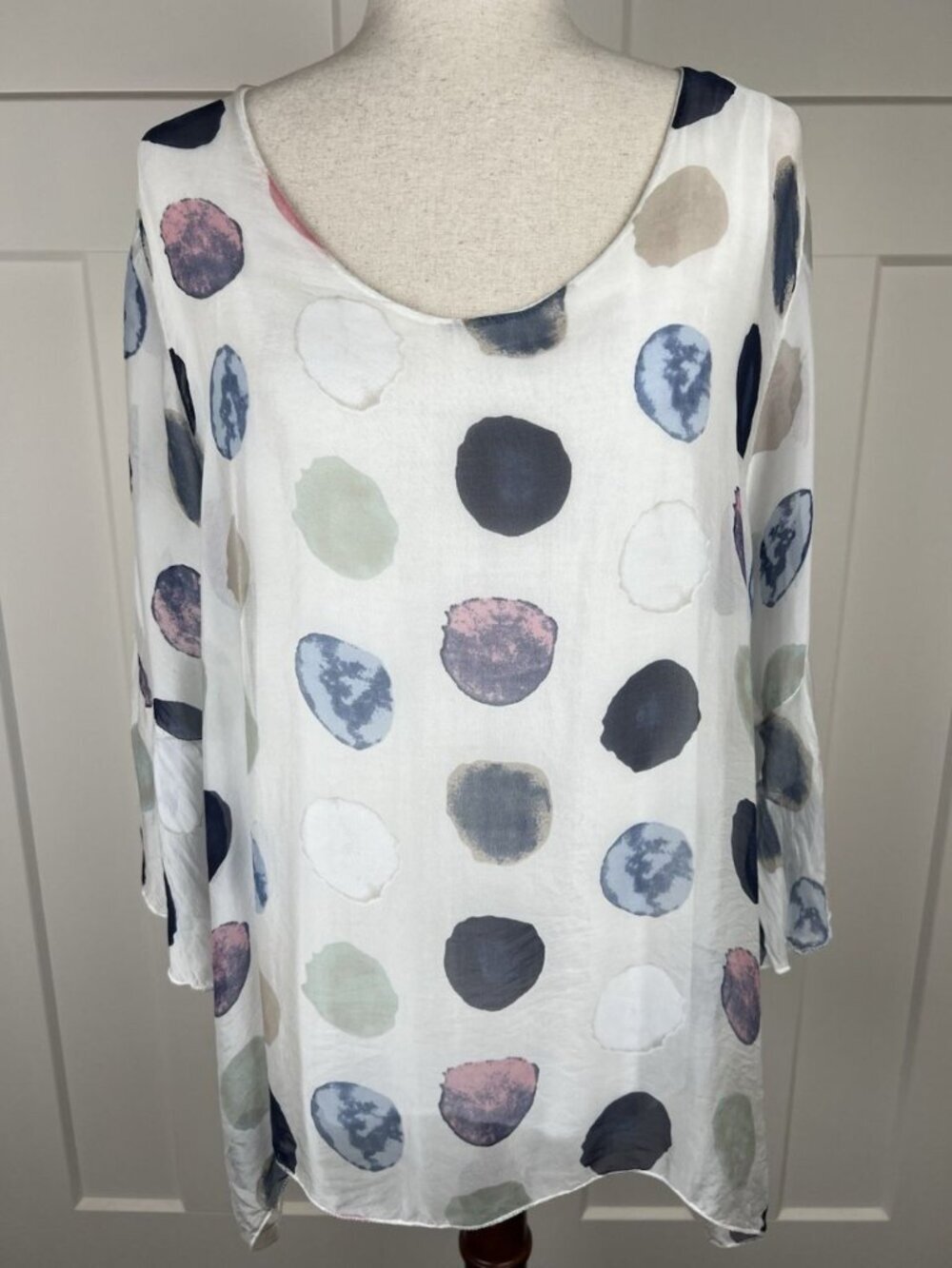 Tina Stephens Silk Overlay Top Women's OS White Watercolor Dot Flounce Sleeve